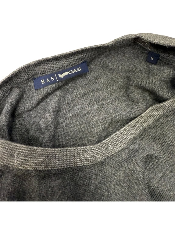 MANI GAS Crew Neck Sweater M | Fine Knit | Two-Tone Grey